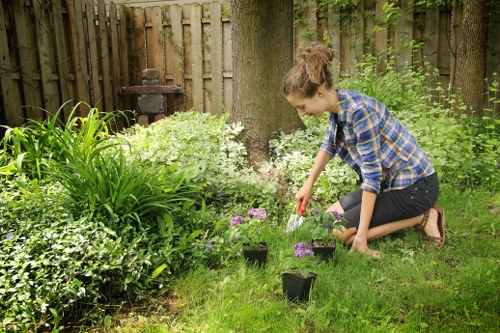 Volunteer gardeners arranging raised beds with clear signage in a Cranford garden